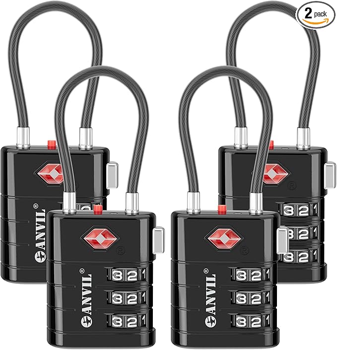 ANVIL TSA Approved Luggage Locks – High Security TSA008 Combination Travel Locks with Inspection Indicator for Suitcases and Backpacks. (4, Black)