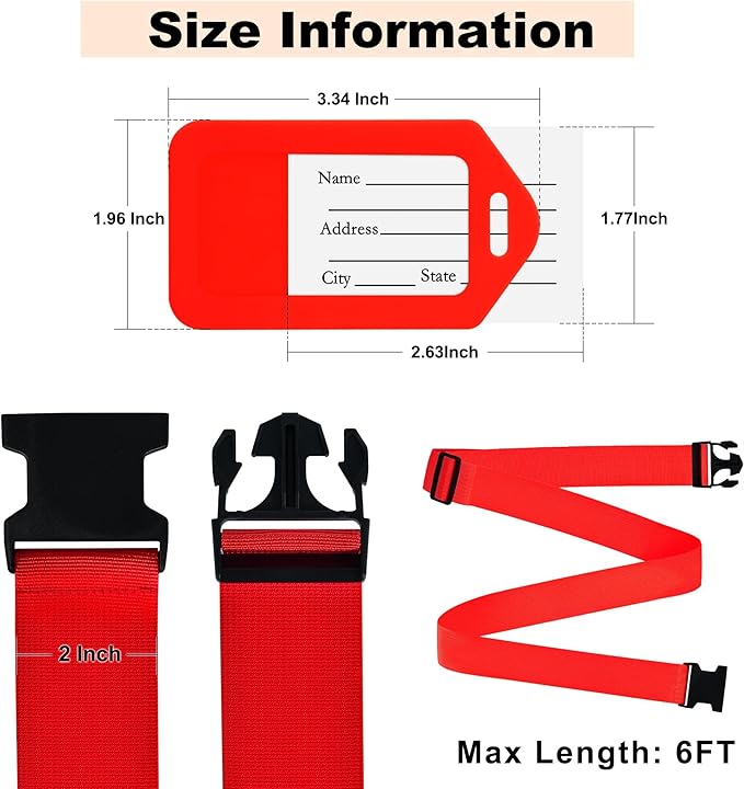 8 Pack Luggage Straps and Tags Set (4 Straps, 4 Tags), Luggage Straps for Suitcases TSA Approved Suitcase Belt Luggage Tags, Red