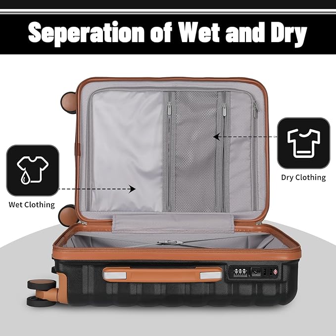 Lightweight Luggage with Spinner Wheels & YKK Zipper, 3-Piece Suitcase ABS+PC Hardside Hard Shell Luggage Set with TSA Lock, Black & Brown (20+24+28 inch)