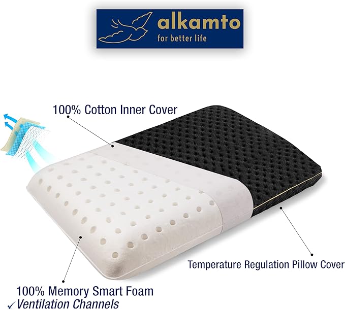 Travel & Camping Comfortable Memory Foam Pillow – Easy to Carry Portable Bag – Temperature Regulating Pillow Case (Black + Extra Cover)