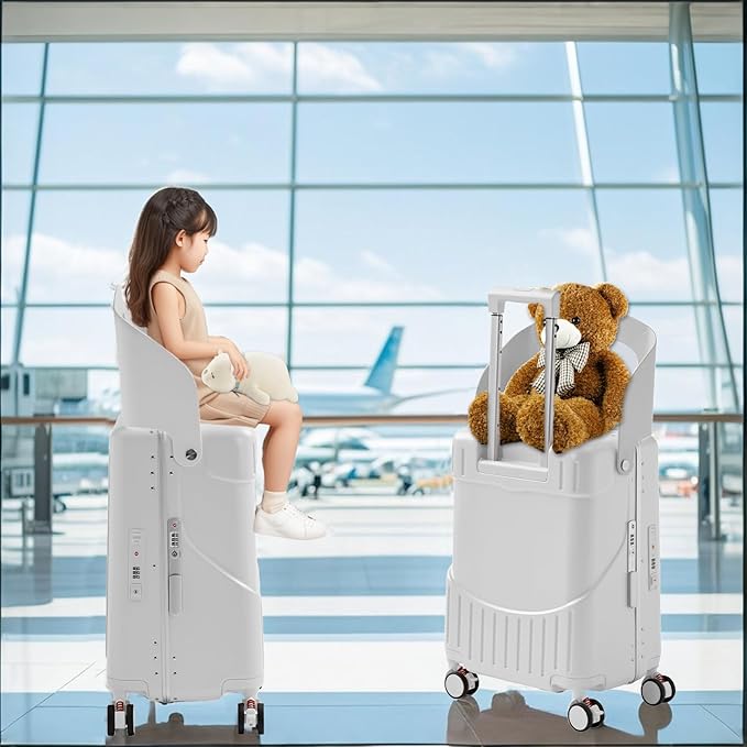 20 Inch Ride on Luggage With Seat For Kids&Adults,with Front Pocket, Foldable Seat Back TSA Approved Lock, 360° Spinner Wheels (20 inch,White)