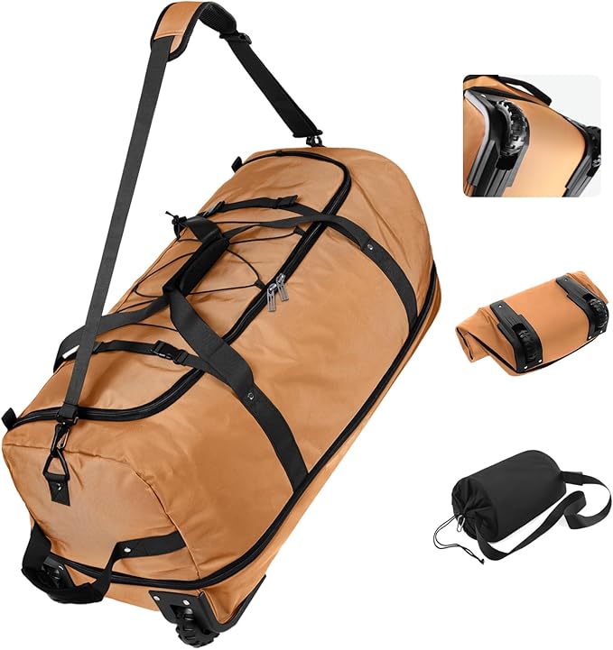 Vomgomfom Wheeled Collapsible Duffel Bag,110L-140L Expandable Checked Luggage, No-Telescopic-Handle with Anti-Burst Zipper & Reinforced Frame,Brown