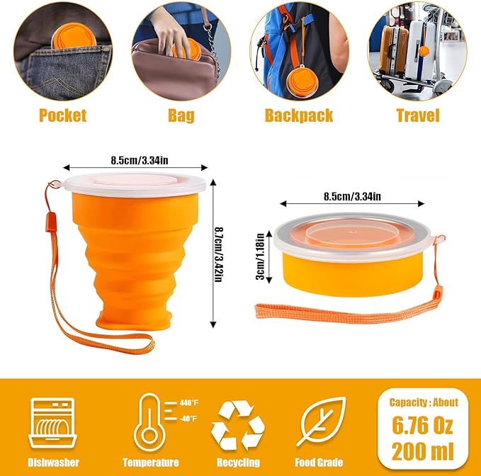 5Pcs Silicone Collapsible Cup for Travel, Reusable Folding Camping Cup Mug with Lids, Portable Expandable Drinking Cup Collapsible Water Cups Mugs Set Telescopic Camping Tumblers for Hiking