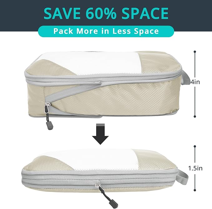 Compression Packing Cubes 3 Set, Compressible Space-Saving Packing Cubes for Travel - Compression Bags, Luggage Organizer, Travel Essentials for Women, Beige