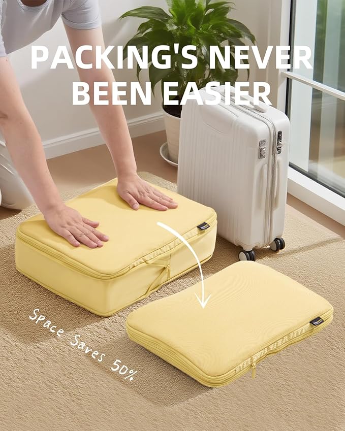 6 Set Compression Packing Cubes for Travel, Large Medium Small Luggage Organizers, Storage Bags for Clothes (6 Pack, Bright Yellow)