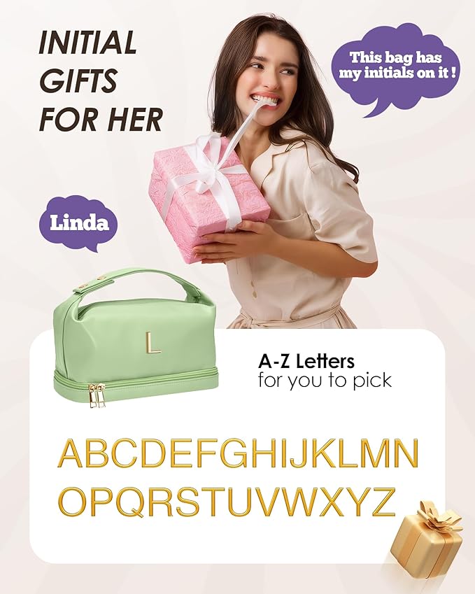 Gifts for 9 10 11 12 13 14 15 16 17 18 19 Year Old Girls, Travel Makeup Bag with Handle, Initial Double Layer Cosmetic Bag with Makeup Brush Organizer, Gifts for Friends Female Mom