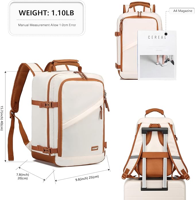 Kono Carry on Backpack, 16" Airplane Approved Under Seat Travel Backpack for Men and Women, Waterproof Lightweight Daypack for Flight 20L, White/Brown