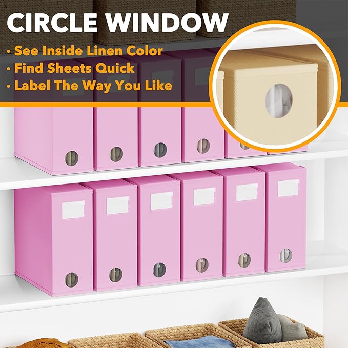 SpaceAid 12 Pack Bed Sheet Organizers and Storage, Foldable Sheet Organizer for Linen Closet, Sheets Set Folder Keeper with Window XL (Queen & King Size) Bedding Container (Pink, 12 Pack)