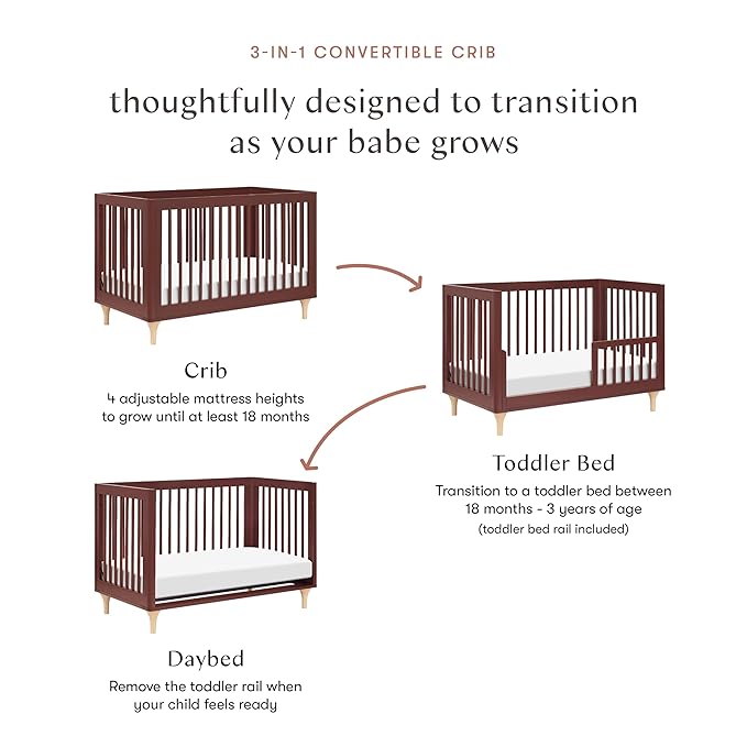 Babyletto Lolly 3-in-1 Baby Crib Convertible to Toddler Bed & Daybed - Easy to Assemble Wood Crib - GREENGUARD Gold Certified - 4 Adjustable Mattress Heights - Includes Toddler Conversion Kit, Crimson