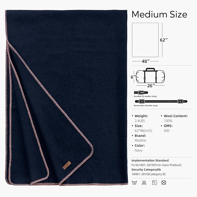 100% Wool Blanket, 48" x 62", Warm, Thick, Washable, Military Wool Blanket, Great for Camping, Outdoors, Sporting Events, Survival Kits，Navy