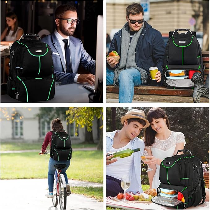VECKUSON Laptop Backpack, 15.6 Inches, Green, Unisex, Waterproof, USB Charging Port, Insulated, TSA Approved, Anti-Theft, Durable Polyester Nylon Fabric