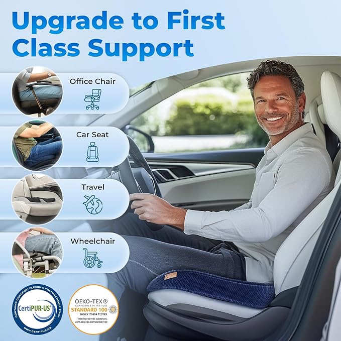 Seat Cushion, BodySync™ Technology with Non-Slip Gel & Memory Foam for Tailbone, Sciatica & Back Pain Relief, Office Chair Cushion, Car Seat Cushions for Driving (Dark Grey Blue)