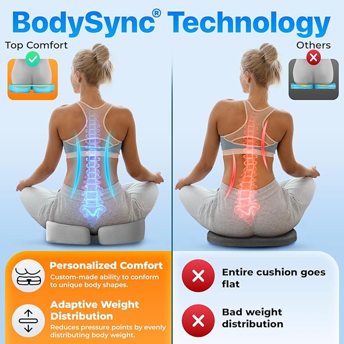 Seat Cushion, BodySync™ Technology with Non-Slip Gel & Memory Foam for Tailbone, Sciatica & Back Pain Relief, Office Chair Cushion, Car Seat Cushions for Driving (Light Grey)