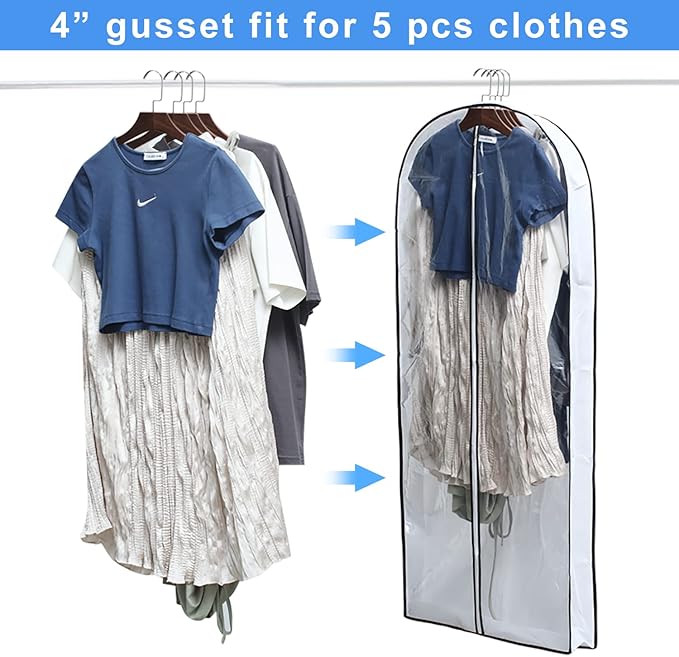 Hanging Clothes Storage with 4" Gusseted Garment Covers (Set of 6) - Clear Suit, Gown, Long Coat, Dress Protectors for Closet - 24"x 50"x 4" / 6 Pack