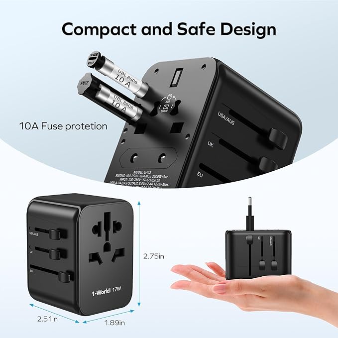 MOMAX European Travel Plug Adapter, Worldwide All in One Travel Adapter, International Power Adapter Wall Charger with 3 USB A and 1USB C Charging Ports for Travel Essentials (Type C/G/A/I)