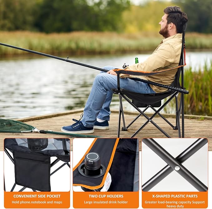 EMERIT Oversized Padded Camping Chair, 350LB Heavy Duty Quad Fold Chair with Arms, Collapsible Outdoor Chairs with Lumbar Back & Cup Holder Black