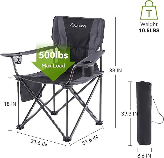 Oversized XL Camping Chairs for Adults, Padded Folding Camp Chair with High Back, Cup Holder & Side Pocket for Outside, Lawn, Beach, Fishing, Sports, Folding Heavy Duty Chairs, Black