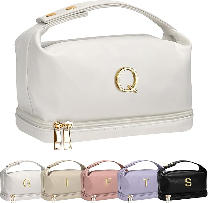 Gifts for Female, Personalized Makeup Bags with Handle, Mrs Gifts Teenage Girls Cosmetic Bag, Large Capacity PU Leather Makeup Bags Letter Travel Toiletry Bag with Makeup Brush Organizer