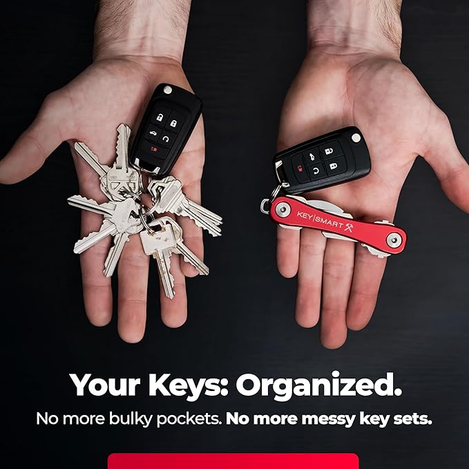 KeySmart Rugged - Multitool Key Holder for Keychain w/Bottle Opener and Pocket Clip, Key Organizer for Key Chain, EDC Keychains, Key Ring for Car Fobs Key Chains, Expandable (Up to 14 Keys, Red)