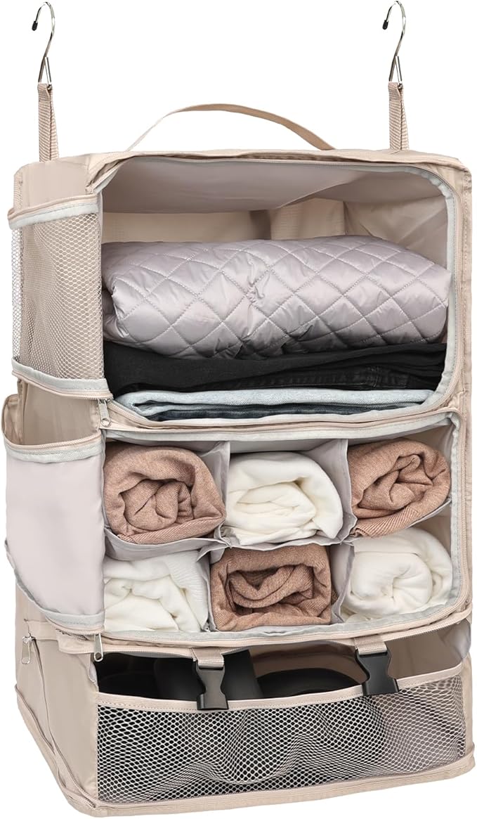 TABITORA Travel Portable Hanging Shelves Closet Organizer Packing Luggage Storage with Multifunctional and Foldable Invisible Compartment,Lightweight, for Suitcase, RV,Closet…Beige,XXL
