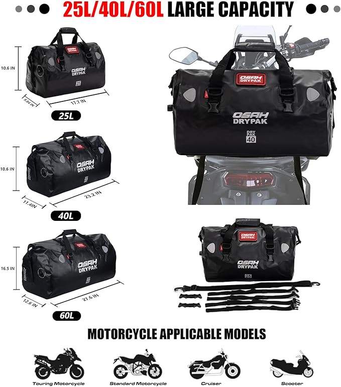 Waterproof Duffel& Luggage Bag - Motorcycle Dry Bag Tail Saddle Bags with Roll Top Closure,Large Storage Space,for Camping, Kayaking, Fishing & Traveling(Green, 60L)