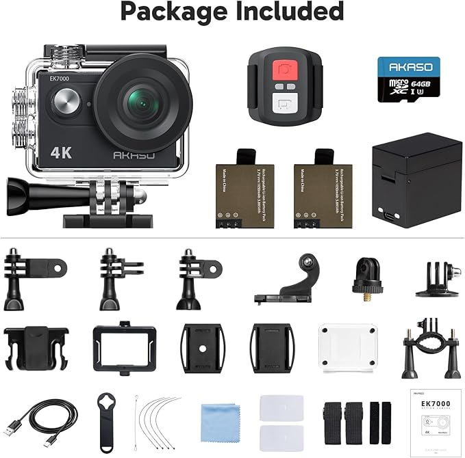 AKASO EK7000 4K30fps Action Camera with 64GB MicroSDXC U3 Memory Card Accessories Kit Bundle Ultra HD 131FT Waterproof Underwater Camera EIS WiFi Remote Control 4X Zoom, Black