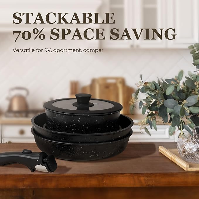 KIKCOIN Pots and Pans Set, 30 Pack Nonstick Cookware Set Detachable Handle, Induction RV Kitchen Cooking Set with Removable Handle, Frying Pans, Casserole - Dishwasher/Oven Safe, PFOA Free