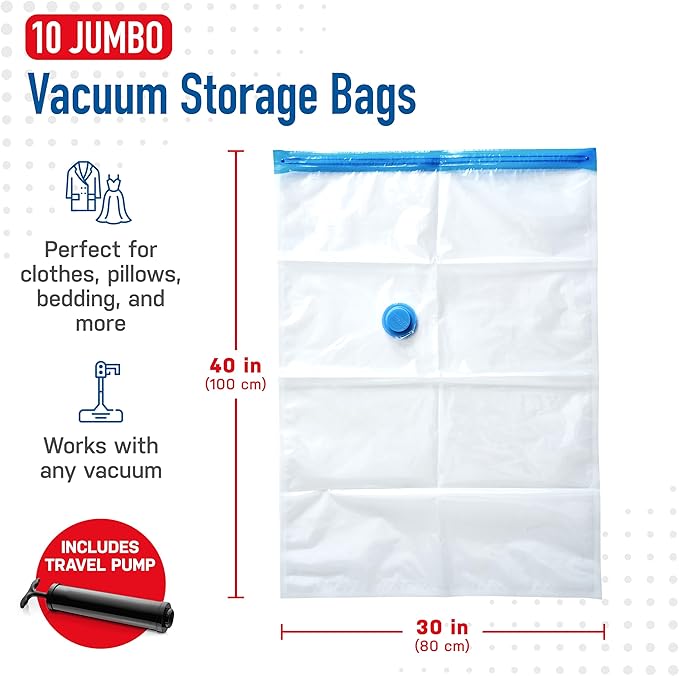 10 Pack Jumbo Vacuum Storage Bags for Comforters, Blankets & Clothes – Jumbo Vacuum Sealed Compression Bags with Hand Pump – Space Saver Storage Bags for Bedding, Moving, Travel & Organization