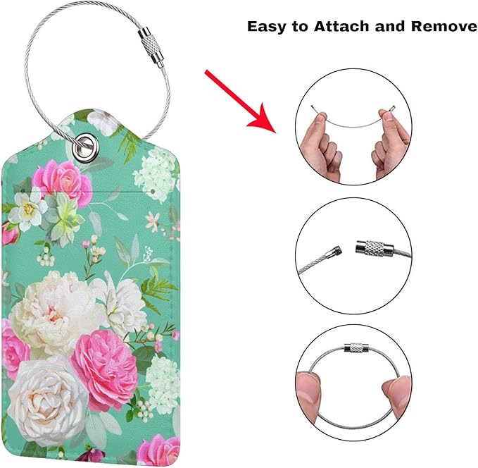 Set of 2 Beautiful Floral-Themed Luggage Tags with Pink and White Roses Flower Pattern, Cute Succulent Green Suitcase Travel Tags for Women Girls, Name ID Identifier Labels with Full Privacy Cover