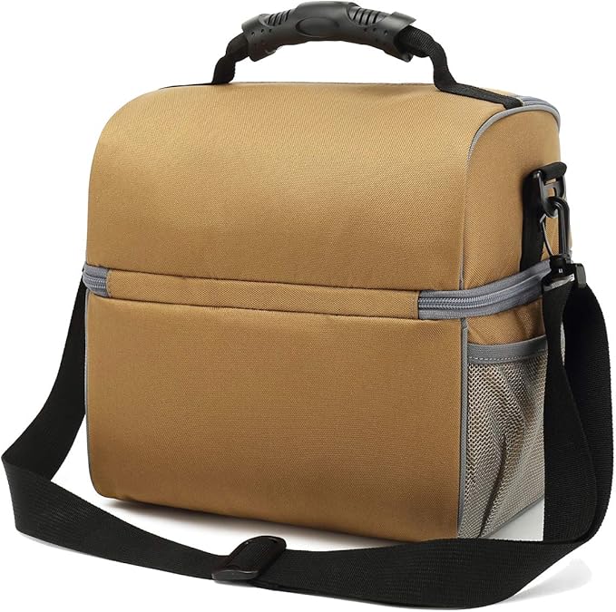 FlowFly Double Layer Cooler Insulated Lunch Bag Adult Lunch Box Large Tote Bag for Men, Women, With Adjustable Strap,Front Pocket and Dual Large Mesh Side Pockets