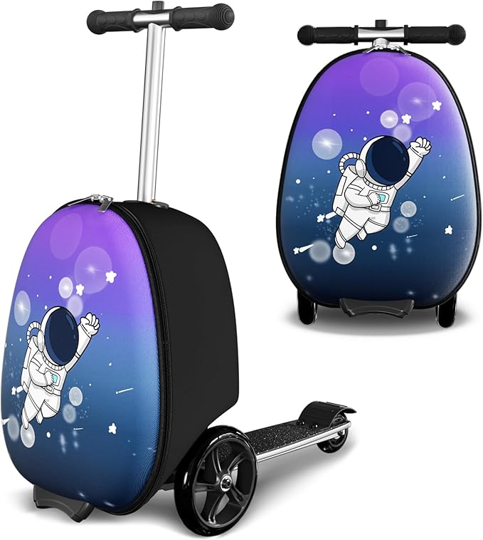 2-in-1 Ride-On Scooter Suitcase, Scooter Luggage for Kids Ages 5-12, Foldable & Lightweight Carry with LED Light-Up Wheels