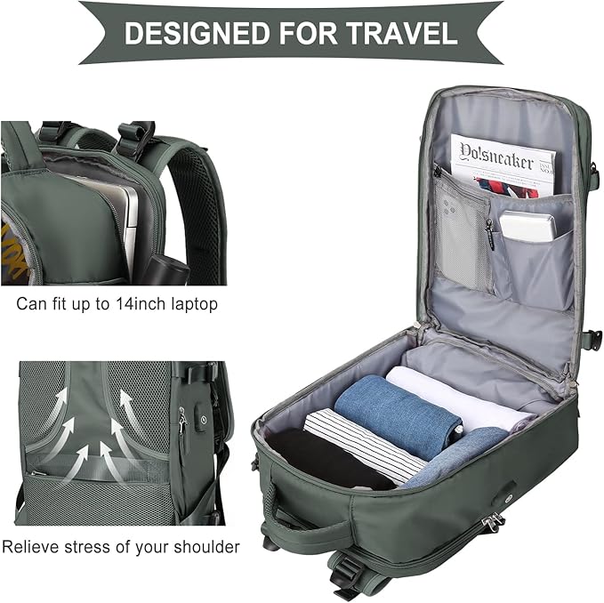 coowoz Large Travel Backpack For Women Men,Carry On Flight Approved,Hiking Waterproof Outdoor Rucksack Casual Daypack Fit 15.6 Inch Laptop Shoes Compartment (Olive Green)