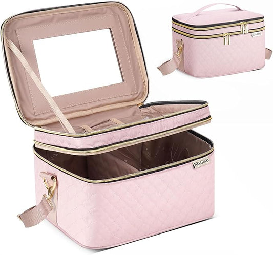 Double Layer Travel Makeup Bag Women, Cosmetic Organizer Case, Travel Essentials Accessories with Shoulder Strap for Bottles, Brushes, Conditioner, Skin Care Products, Pink