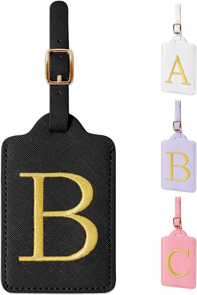 Personalized Initial Luggage Tags for Suitcase TSA Approved, Black Leather Cute Luggage Tag with Privacy Cover Name Card, Embroidered Custom Luggage Tags Travel Backpack Tags Gifts for Women Kids(B)