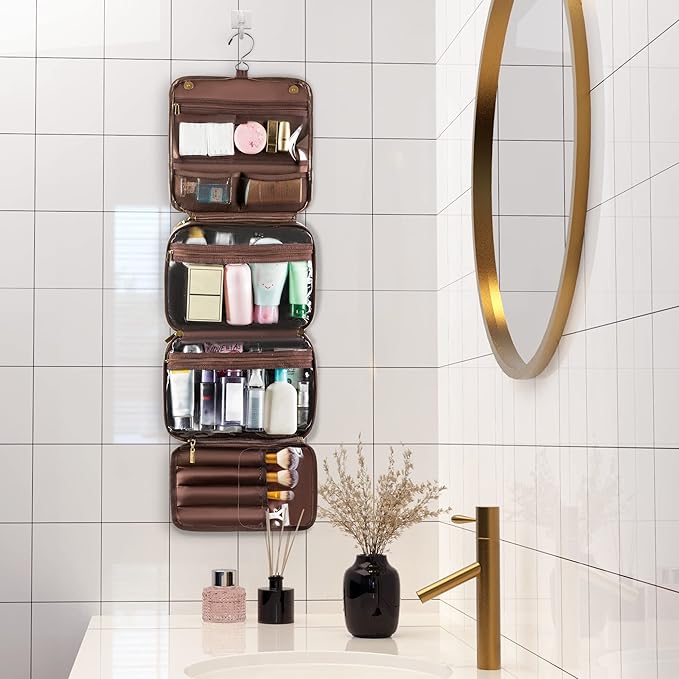 Elviros Hanging Toiletry Bag Removable Travel Bag PU leather Makeup Cosmetic Organizer Kit, Coffee