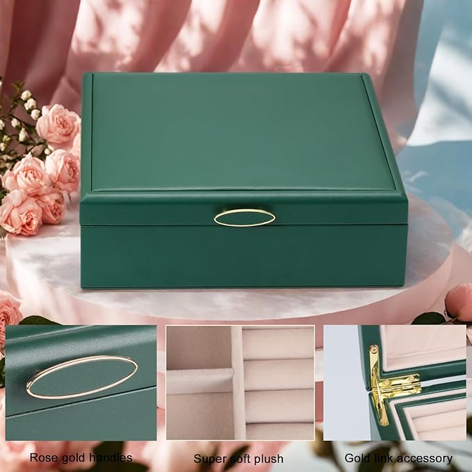 2-layer jewelry box，Jewelry Organizer with Handle，with hanging necklace hooks, detachable jewelry trays, suitable for storing a large amount of jewelry gift box (Large-Green)