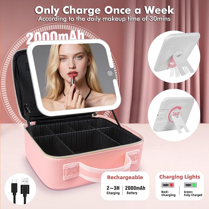 Travel Makeup Bag with Removable Mirror, Cosmetic Organizer Bag with Mirror, 360° Angle Stand, 3 Colors Dimmable Lighted Makeup Case, PU Leather Makeup Train Case with Adjustable Dividers/Brush Holder