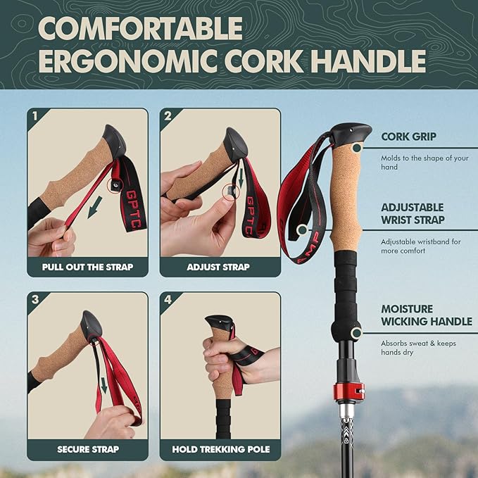 GPTCAMP Nordic Walking Stick, TPZ-1, 2pc Folding Collapsible Hiking Poles with Metal Quick Lock, Cork Handle, Lightweight 7075 Aluminum Trekking Poles for Seniors Women Men Hiking Gear