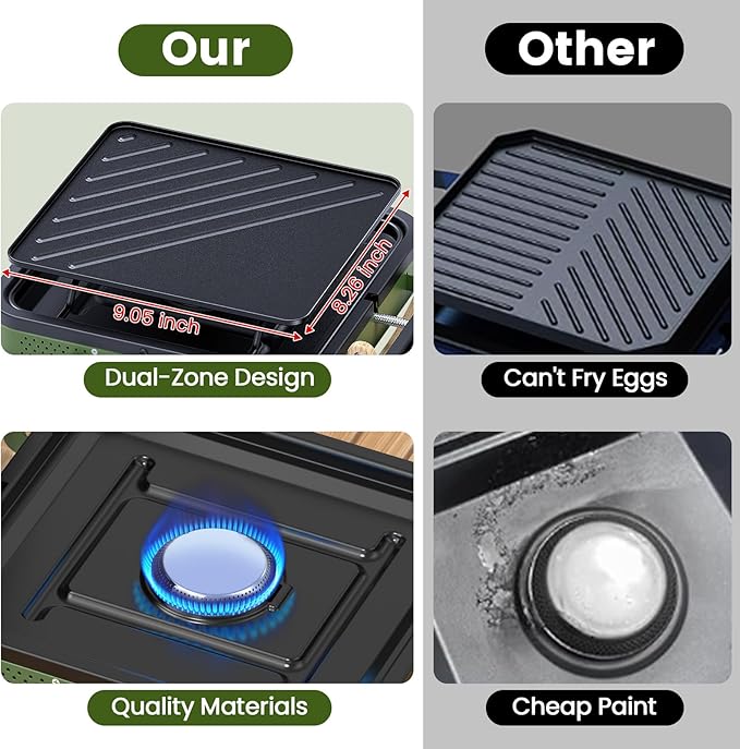 OGERY 2-Burner Foldable Camping Stove with Griddle (Textured & Smooth) and Carrying Bag, Portable Propane Camp Stove with 2 Adjustable Burners & Piezo Ignition, for Camping Tailgating Essentials Gear