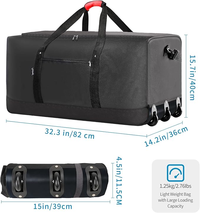 Finnhomy 120L Foldable Rolling Duffel Bag with 3 Wheels, Light Weight Travel Duffel bag with Large Loading Capacity, 32 inch Rolling Duffel bag with Shoulder Strap for Travel Camping Sports