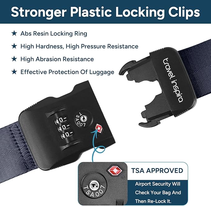 Travel Inspira Luggage Straps - TSA Approved Travel Luggage for Suitcases, Adjustable Suitcase Belt Spot Luggage, Personalized Tags Name ID Card (Navy Blue)