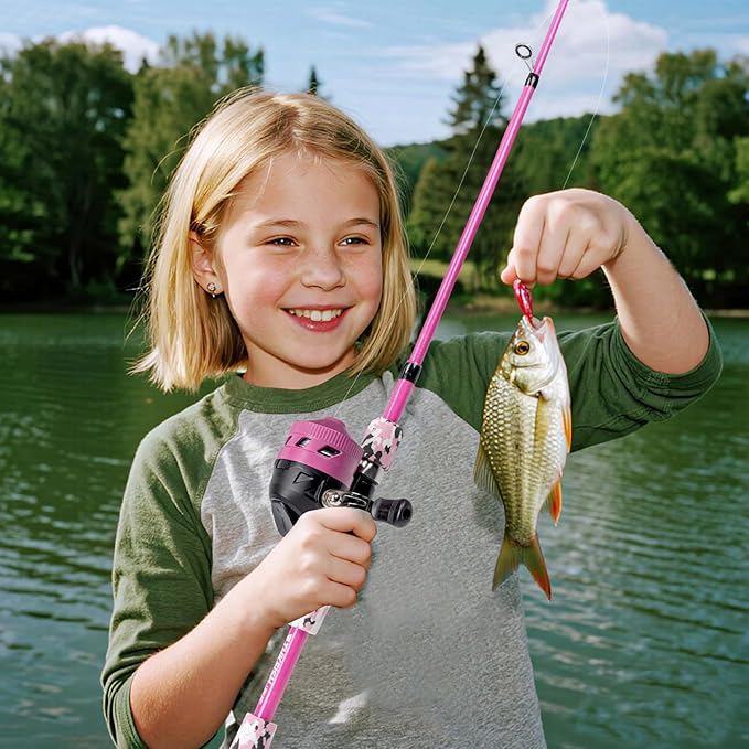 Kids Fishing Pole Set, Telescopic Fishing Rod Reel Combo Kids Starter Kit with Lures Tackle Box, Foldable Stool and Portable Bag for Boys Girls Younth