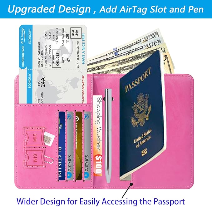 Airtag Passport Holder Cover Wallet Travel Essentials RFID Blocking Leather Card Case International Must Haves Travel Accessories for Women Men(119#Pink)