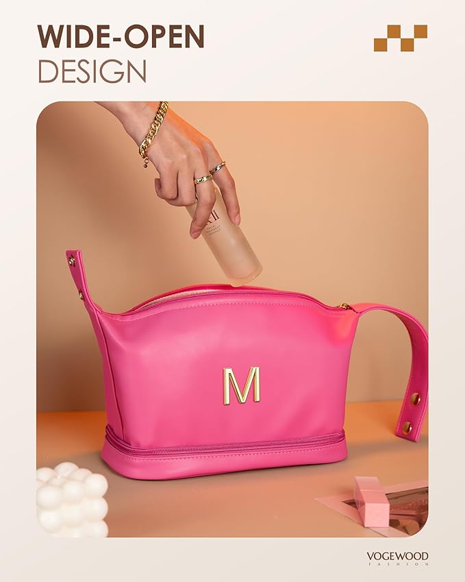Gifts for Daughter, Personalized Makeup Bag Organizer with Handle, Initial Double Layer Cosmetic Bag with Makeup Brush Organizer, Cute Cosmetic Pouch for Women, Gifts for College Girls