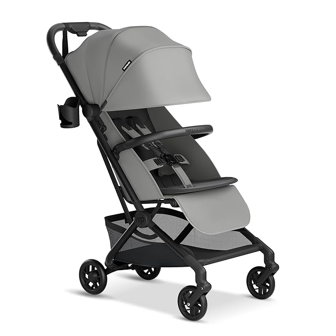 Mompush Velo Lightweight Travel Stroller – One-Hand Fold, Ultra-Compact & Airplane Friendly, Lie-Flat Recline Seat (from Birth to 50 lbs), Includes Cup Holder, Shoulder Strap, and Leather Bumper Bar