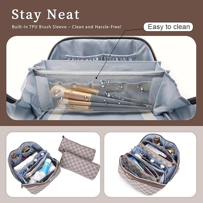 BOYATU Travel Makeup Bag Cosmetic Bags for Women: Large Make up Bags Set of 3 - Portable Makeup Organizer with Compartments&Handle&Divider - Waterproof PU Leather Toiletry Bag(02-Light Brown)