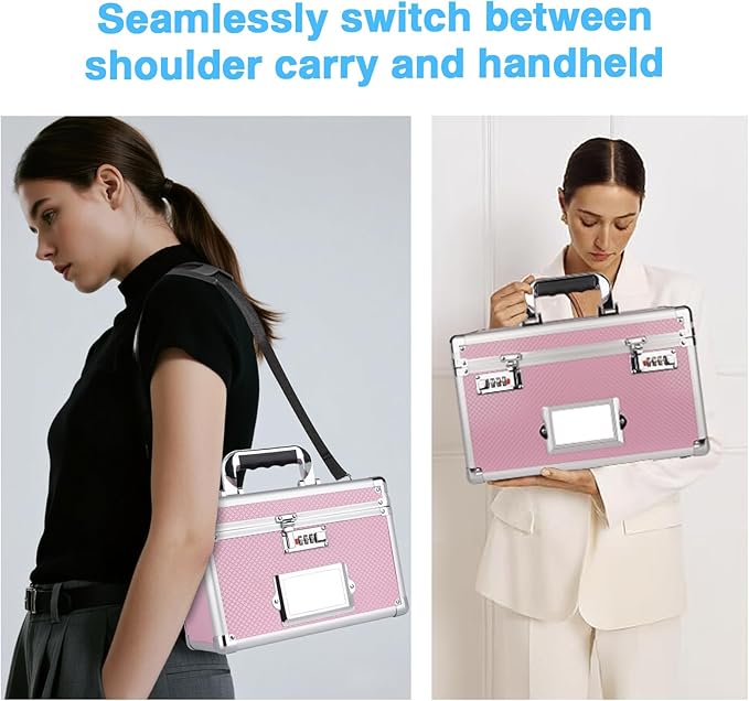 11 x 7 x 8.3 Inch Lockable Storage Box with Combination Lock, Portable Safe for Documents, Medicine, Cash & Valuables, Medicine Lock Box with Label Slot for Home, Office & Travel - Pink