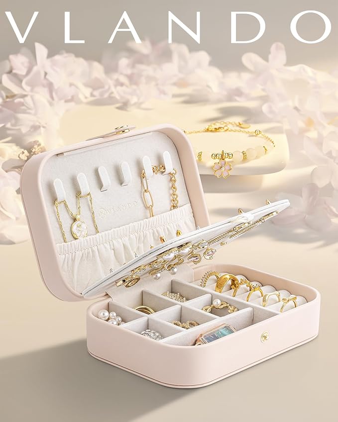 Vlando Travel Jewelry Case, PU Leather Travel Jewelry Box with Earring Holder, Portable Display Small Jewelry Box for Mothers Day Women Girls Gift - Pink