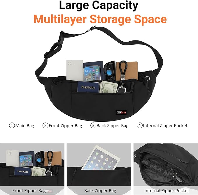 MAXTOP Large Crossbody Fanny Pack with 4-Zipper Pockets,Gifts for Enjoy Sports Festival Workout Traveling Running Casual Hands-Free Wallets Waist Pack Phone Bag Carrying All Phones