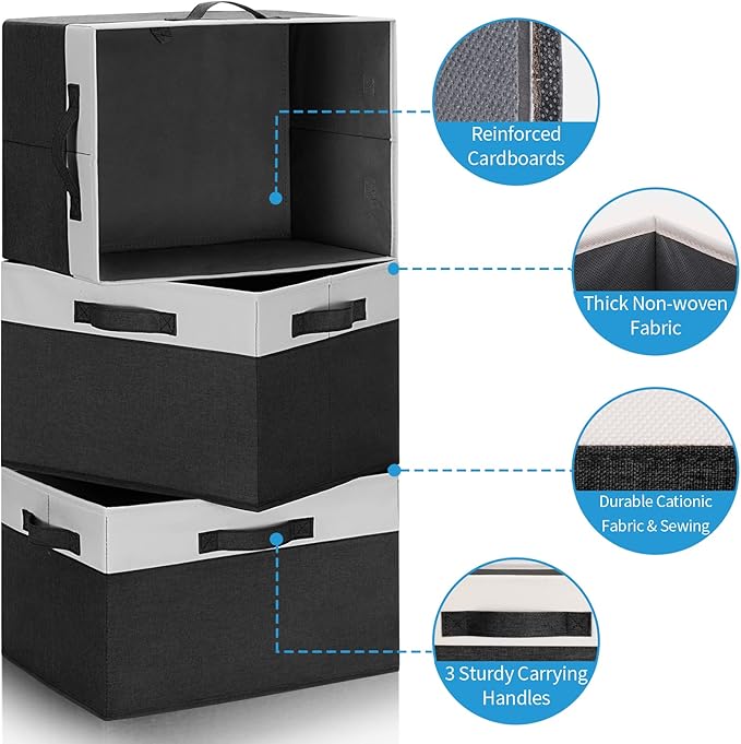 GhvyenntteS Large Storage Baskets for Shelves 6 Pack, Collapsible Fabric Storage Bins with 3 Handles, Decorative Closet Organizers and Storage bins for Clothes Blanket Beddings (Black, 15"x11"x9.6")